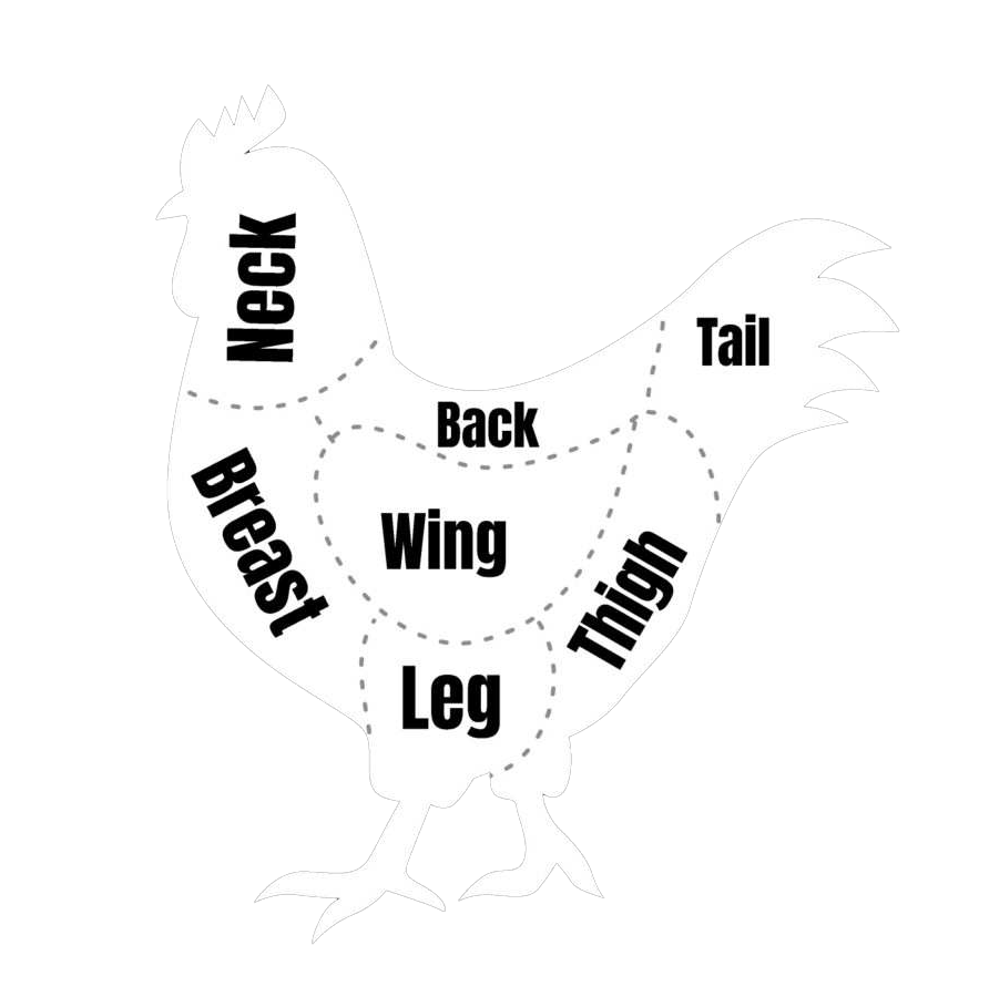 Anatomisch diagram van een kip met deelstukken (Neck, Back, Breast, Wing, Tail, Thigh, Leg)